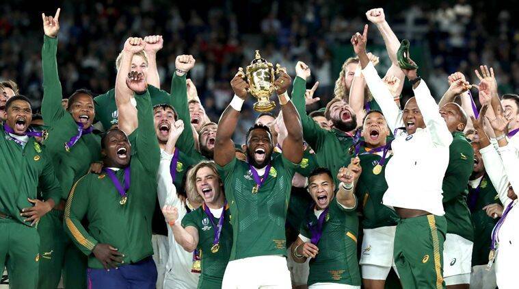 south Africa rugby national team celebrating after its 2019 victor in Japan World Cup showing the spirit of Ubuntu with its multi racial team. showing